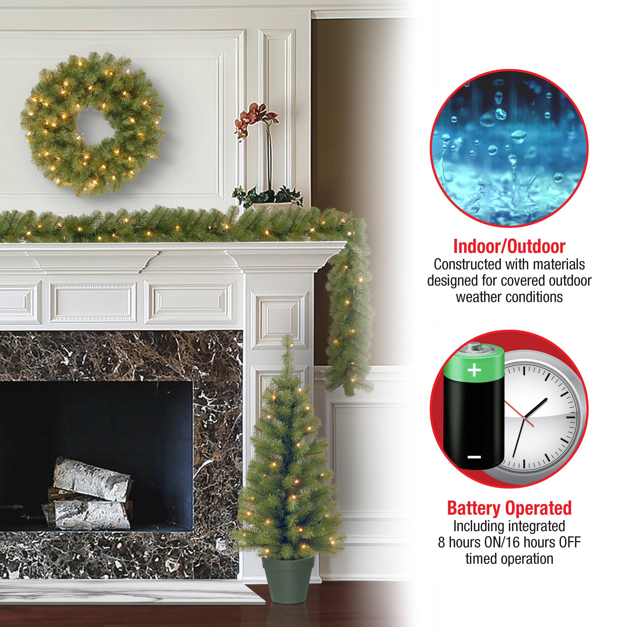 4-Piece Pre-Lit Artificial Christmas Entrance Trees, Garland & Wreath, Warm White LED Lights